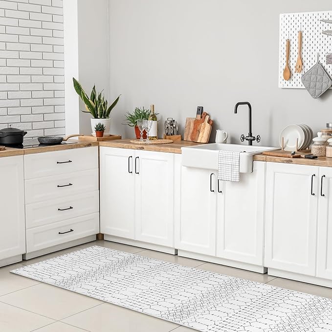 Lahome Moroccan Small Runner Rug - 2x5 Rug Runner Non-Slip Washable Laundry Room Rugs Throw Lightweight Hallway Carpet Indoor, Geometric Print Mat for Bedroom Kitchen Hana (White, 2'x5')