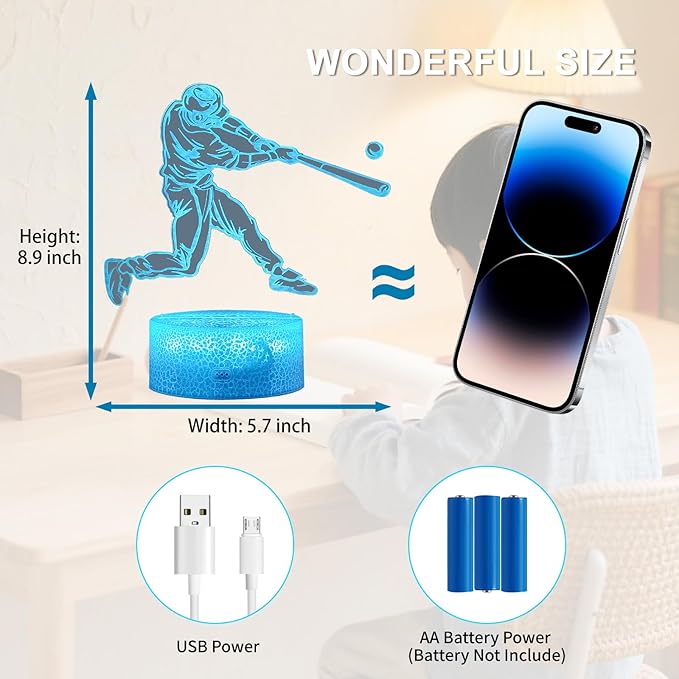 Baseball Gifts for Boys 8-12 3D Lamp Night Light with Remote & Touch Control, 16 Colors Changing + 4 Changing Mode Brightness Room Decor Christmas Birthday Gifts for Kids Boys Girls Sport Fans