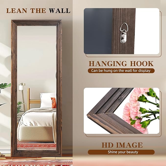 Full Length Mirror 65"x24" Solid Wood Frame Floor Large Mirror for Living Room, Bedroom Hanging or Leaning Wall-Mounted, Brown
