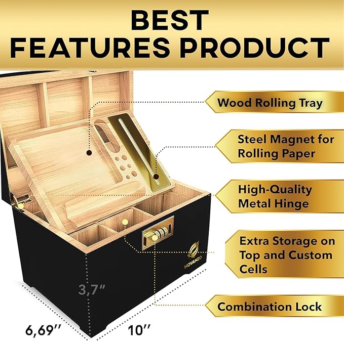 HOVANZO Premium Large Bamboo Storage Box with Removable Tray - Storage Wood Box for Herbs and Accessories - Storage Box Set with Combination Lock - Smell Proof Container with Accessories