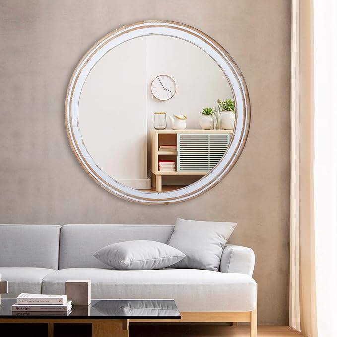Reflinto 30 Inch Rustic Farmhouse Wooden Round Mirrors for Wall Decor, Washwhite Circle Decorative Mirror for Bathroom Over Sink, Entryway, Living Room, Foyer