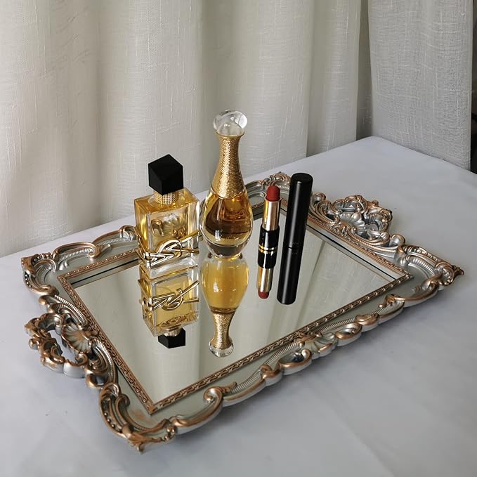 Shell Rectangle Decorative Mirror Tray, French Style, Makeup Organizer, Jewelry Organizer, Serving Tray, 9.3"x 14.9", Golden Silver