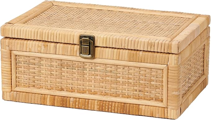 Rattan Box with Lid Decorative Natural Handmade Boho Rattan Baskets Woven Wicker Cane Bins Keepsake Memory Jewelry Boxes Rectangular Desk Shelf Closet Organizer Container (Large Size)