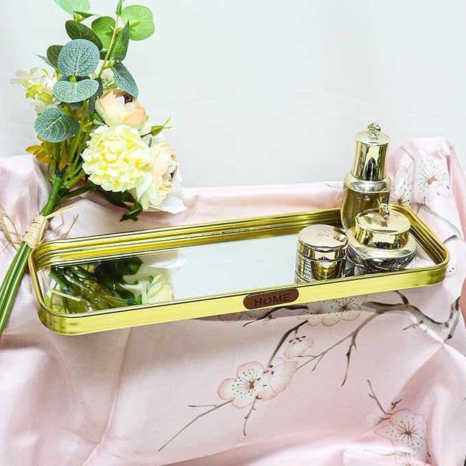 Gold Mirrored Vanity Tray, Small Rectangular Stainless Steel Perfume Organizer, Decorative Glass Mirror Tray for Jewelry, Makeup, Skincare, Bathroom Countertop,Dresser Decor (7.87" x 3.94")