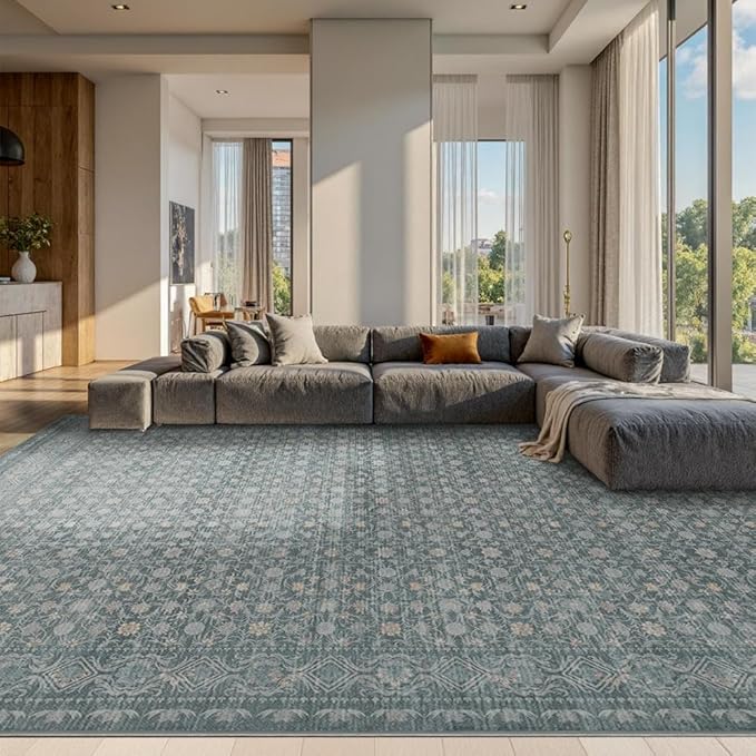 10x14 Washable Area Rug for Living Room, Extra Large Vintage Boho Rugs for Dining Room, Kids Room, Farmhouse, Durable Low Pile Non Slip Carpet for High Traffic Areas, Blue