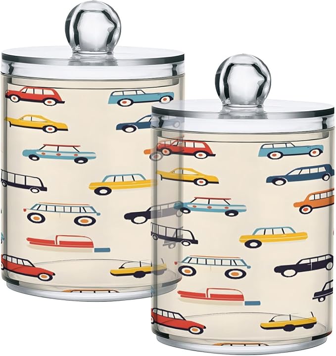 Nander 2Pack Cartoon Car Qtip Holder Dispenser -Clear Plastic Apothecary Jars Set - Restroom Bathroom Makeup Organizers Containers for Cotton Swab, Ball, Pads, Floss