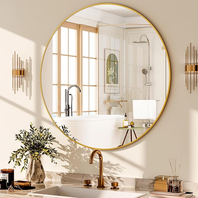 GLSLAND Circle Mirror for Wall 20 inch - Round Mirrors for Bathroom, Entryway, Living Room, Hallway Wall Decor Small Frame Mirror,Gold