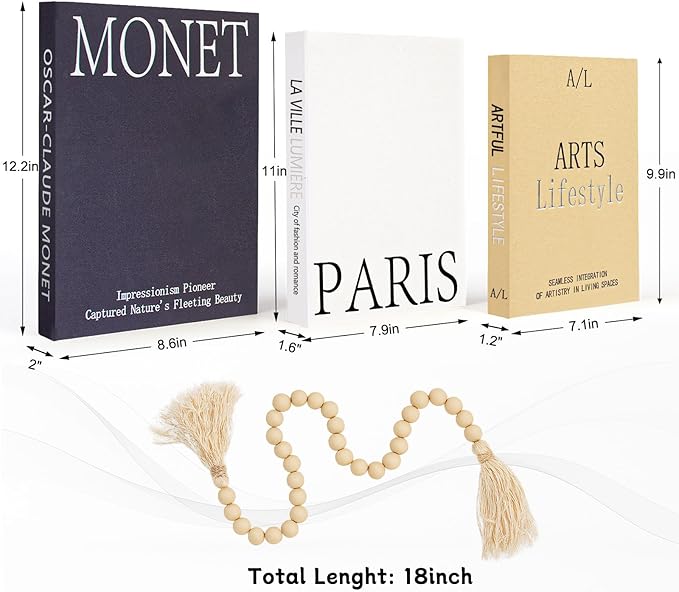 Aesthetic Decorative Books for Home Decor w. Wood Bead - Set of 3 Linen Fake Books for Decoration, Coffee Table Book Box Decor for Mantle/Bookshelf/Farmhouse/Entryway/Nightstand