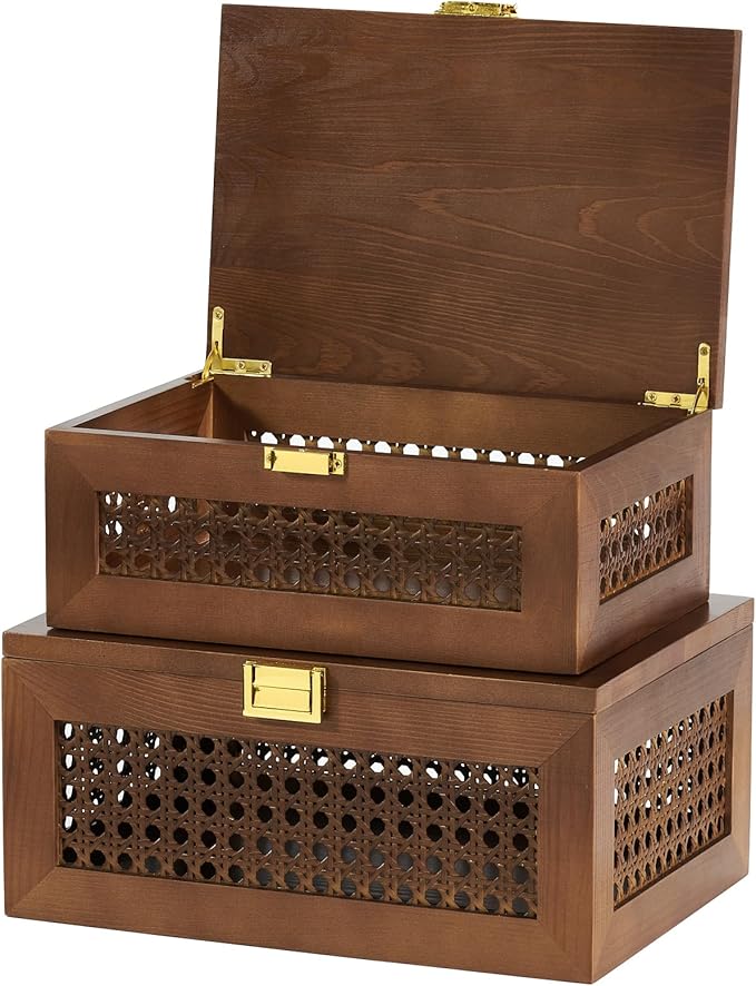 Decorative Rattan Storage Boxes Solid Wood Woven Baskets Bins with Lid Keepsake Memory Jewelry Box Natural Boho Shelf Wicker Closet Desk Organizer Container (Walnut Color, Large Size)