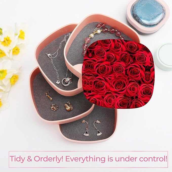 Valentineheader4-Layer Rotating Jewelry Organizer Box, 360° Rotatable ABS Storage for Rings, Earrings, Necklaces, Watches, Makeup Tools with Mirror, Compact & Portable Gift for Women