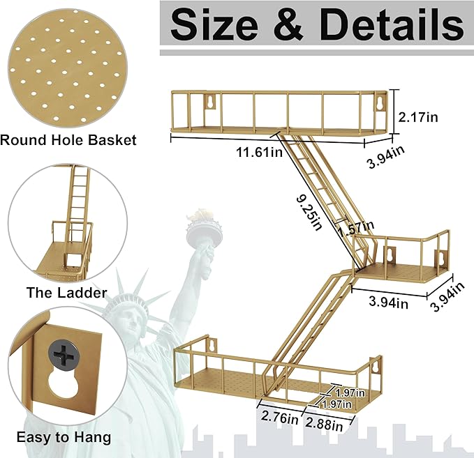 Fire Escape Shelf - 3 Tier Metal Glod Fire Escape Wall Shelves with Baskets, New York Action Figurine Display Shelf, Unique Rustic Floating Decorative Wall Shelves for Any Room