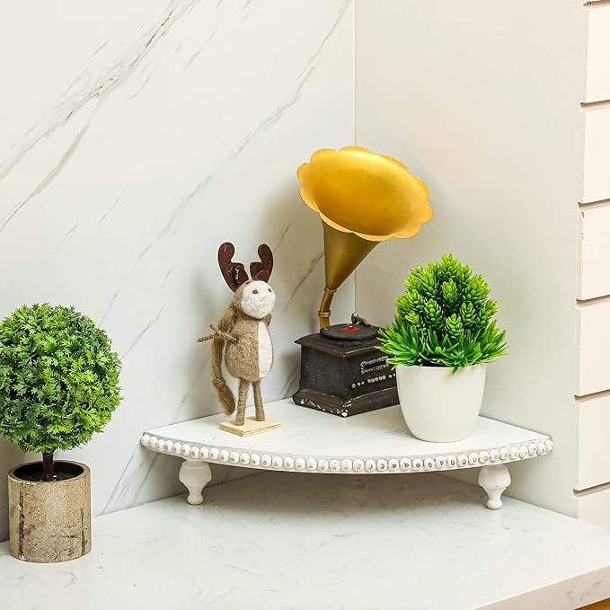 Amyhill Wood Corner Counter Shelf Corner Riser for Kitchen Counter White Wash Rustic Bathroom Countertop Organizer Decorative Tray Riser Pedestal Stand with Removable Feet for Kitchen Bar, 11.81 Inch