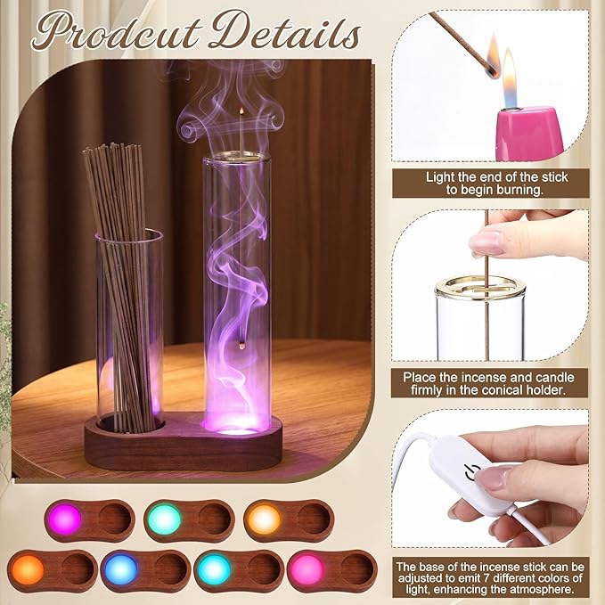 Glass Glowing Incense Holder, Incense Sticks Burner Holder with Storage, Hang Upside Down Incenses Holders for Sticks with Glass Ash Catcher for Meditation Yoga Spa Room Decor