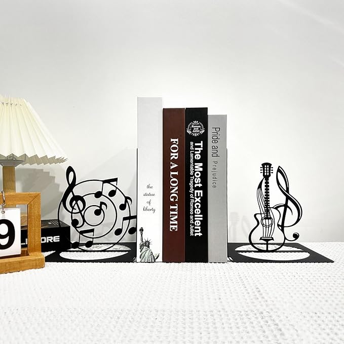 Music Note Metal Bookend, Music Bookends, Metal Musical Themed Book Ends, Guitar Bookends, Book Holders for Shelves, Desktop Organizer, Musical Bookshelf Home Decor