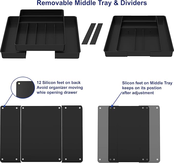Simple Houseware Expandable Kitchen Drawer Flatware Organizer, Black – Adjustable Cutlery Tray with 9 Compartments for Utensils and Silverware