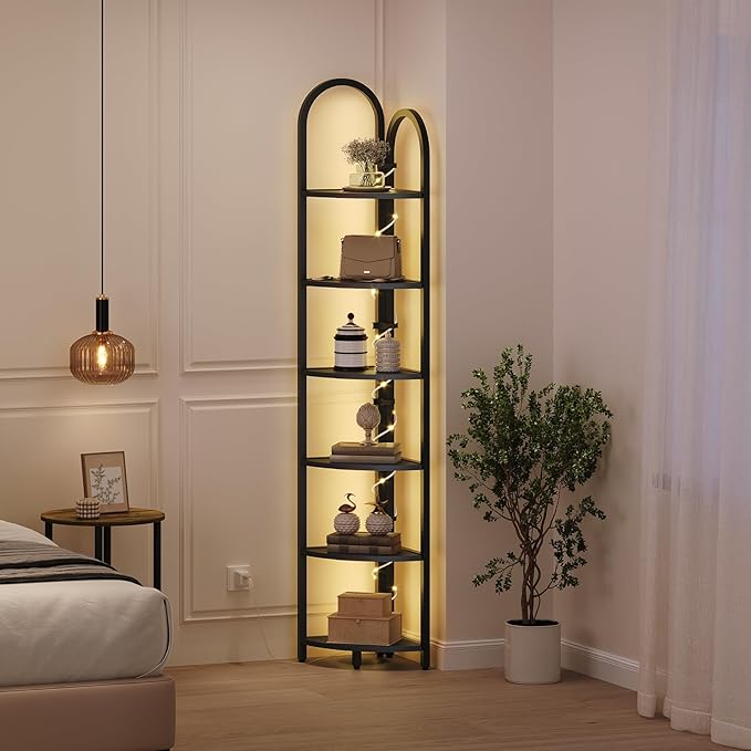 MAHANCRIS 6 Tier Corner Shelf with LED Light, 74.6'' Tall Corner Bookshelf Stand, Narrow Display Bookcase with Storage Rack for Wall Corner, Living Room, Bedroom, Small Spaces, Black CSBK66101