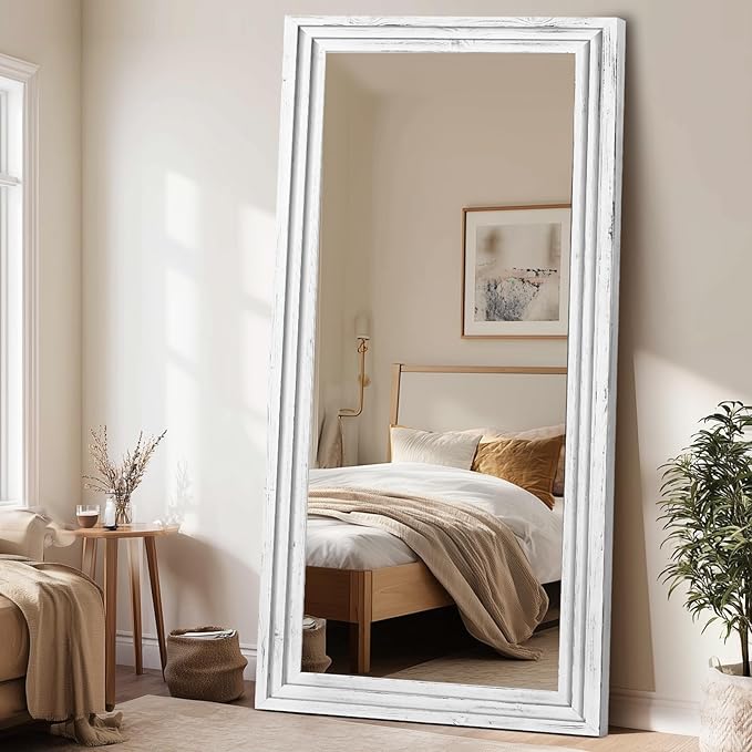 Full Length Wood Mirror 76x34 - Rustic Solid Wood Floor Mirror with Triple Layer Frame, HD Tempered Glass, Wall Mounted or Leaning Standing Mirror Vintage White Mirror for Bedroom Bathroom Living Room