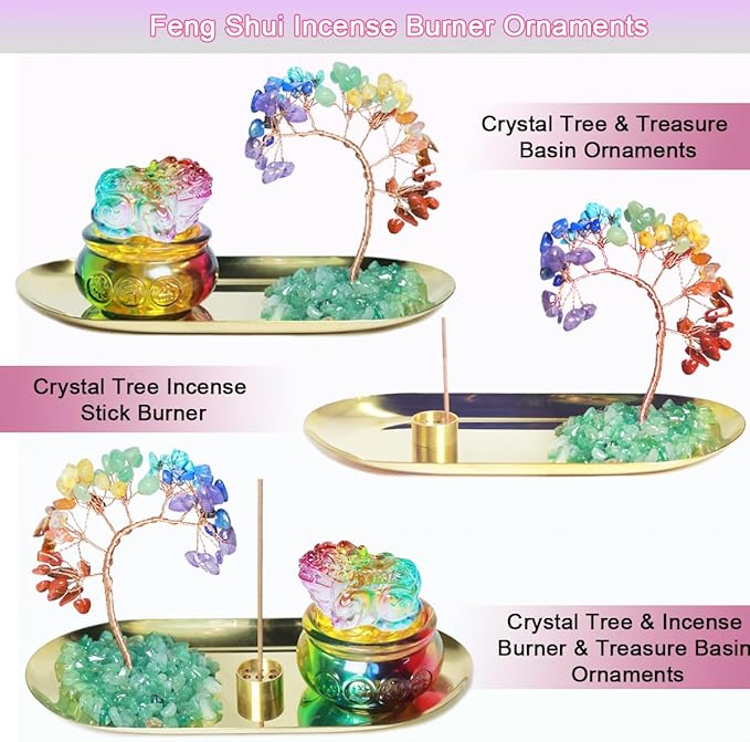 Feng Shui Crystal Tree Incense Burner Holder, Lucky Pi Xiu Treasure Basin, Healing Crystals Tree of Life Incense Tray Money Ideal Adornment for Attracting Wealth, Yoga Meditation Decor - Colorful