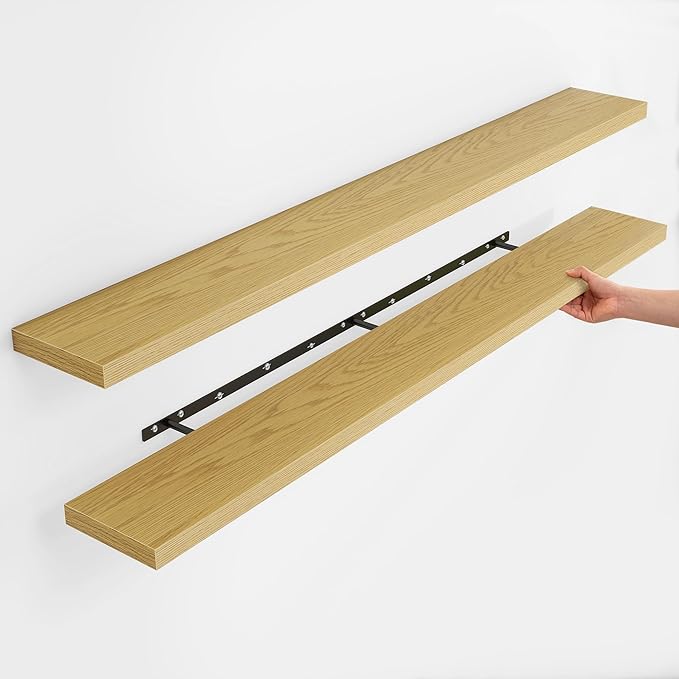 Fun Memories Rustic Wood Floating Shelves for Wall, Space-Saving Wall Mounted Shelves for Bathroom, Bedroom, Living Room and Kitchen, Stylish Storage & Display (Set of 2, Oak, 72 in)