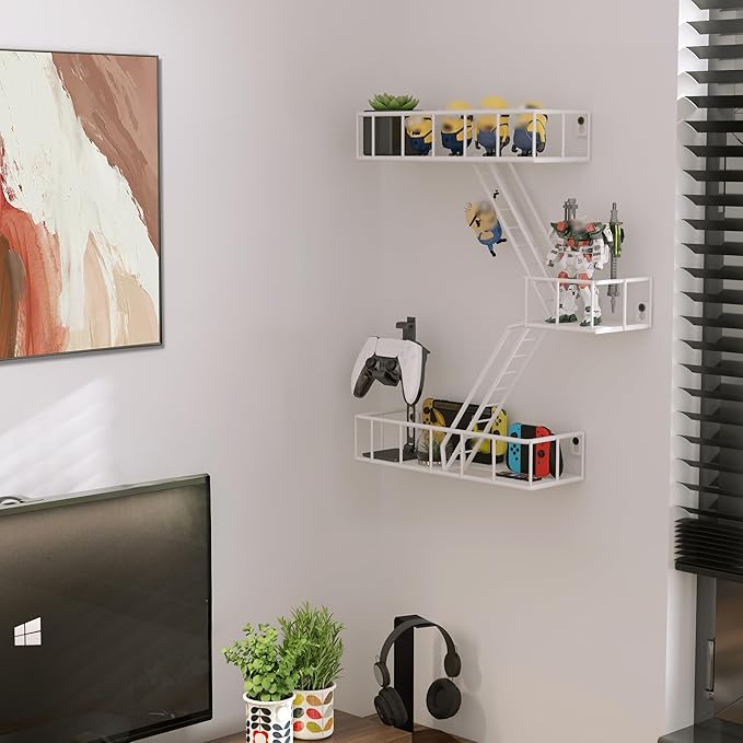 Fire Escape Shelf - 3 Tier Metal White Fire Escape Wall Shelves with Baskets, New York Action Figurine Display Shelf, Unique Rustic Floating Decorative Wall Shelves for Any Room