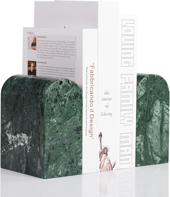 Koville Indian Natural Marble Bookends for Shelves, 13LBS Non-Slip Book Ends, Heavy Duty Marble Book Holders Organizer, Bookshelf Apartment Decor for Movies/CD/Video Games(Indian Green)