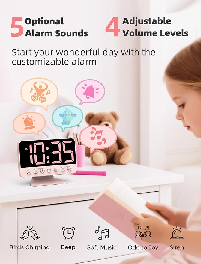Odokee Digital Alarm Clocks for Bedrooms: Large Bold Number 5 Brightness Dimmer - Easy to Read Across The Room - 5 Alarm Sound 8 Night Light - Sakura Pink