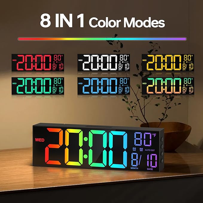 JALL 16.1" Large Digital Wall Mount Clock, Count Down Timer, Alarm, Big LED, RGB Color, DST, Temperature for Living Room Classroom Desk, Wall, Xmas, Birthday Gift for Senior Mom Dad, Rainbow
