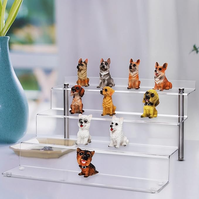 CECOLIC Acrylic Riser Shelf 4 Tier Clear Display Stand for Collectibles Pop Figures, Cupcakes, Perfumes, Display Risers for Decorating & Organizing - 11.8 x 10.8 x 6.5 in (Large, 3 Pack)
