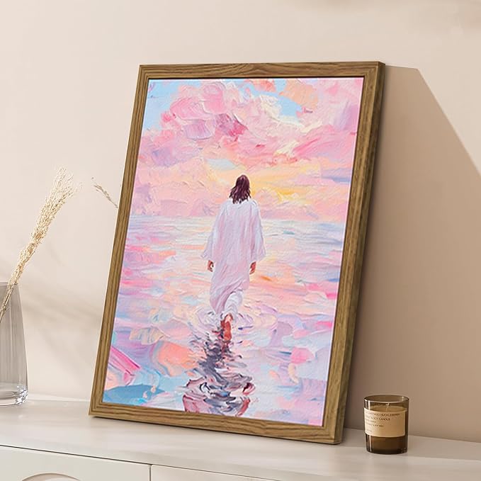 Pink Jesus Walking On Water Wall Art, Frame 3D Textured Hand Drawn Sandstone Christian Wall Decor Paintings Religious Savior Pictures for Living Prayer Room Bedroom, 16x24 in Wood Framed
