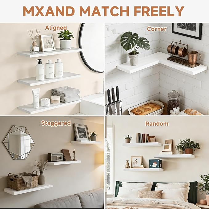 Easy Install Floating Shelves, 15.7 Inch Wall Mounted Wooden Shelf, Small Hanging Shelf for Home Decor, Books and Storage, Organizer for Bedroom, Bathroom, Kitchen, Set of 3, White