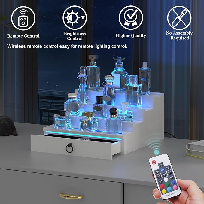 LED Lighted Cologne Organizer for Men, 4 Tier Wood Perfume Organizer with Velvet Lined Drawer, Multi Lighting Modes Perfume Display Holder with Remote Control, Cologne Shelf Stand, Nice Gift for Men