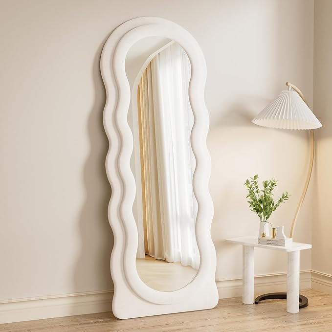 Rowjut Full Length Mirorr, 63"x24" Mirrors Full Length, Irregular Wavy/Wall Mounted & Standing Floor Mirror with Flannel, Body Mirorr Hanging or Leaning Against Wall for Bedroom (White)