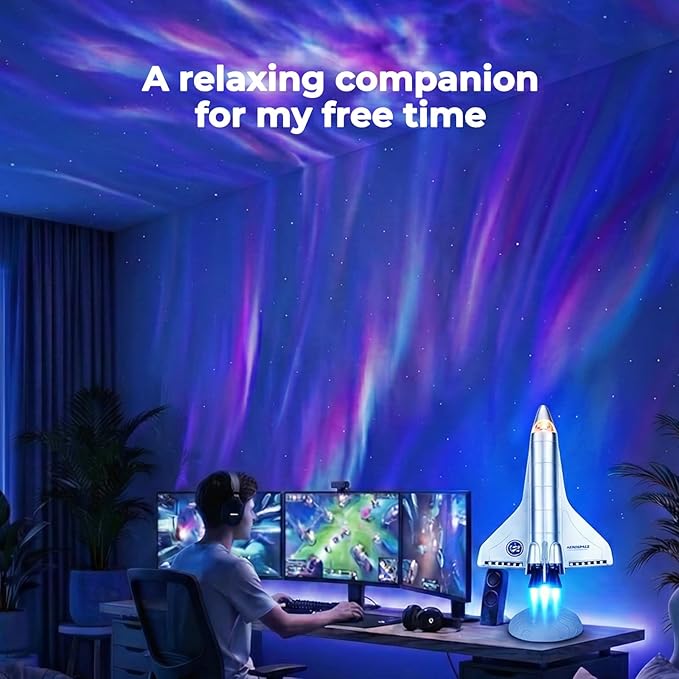 Space Shuttle Galaxy Projector Lights, Dynamic Nebula Night Light with Colorful Tail Jet Flame & Multiple Scene Music Effects, Metallic Texture for Bedroom, Birthday for Kids and Adults