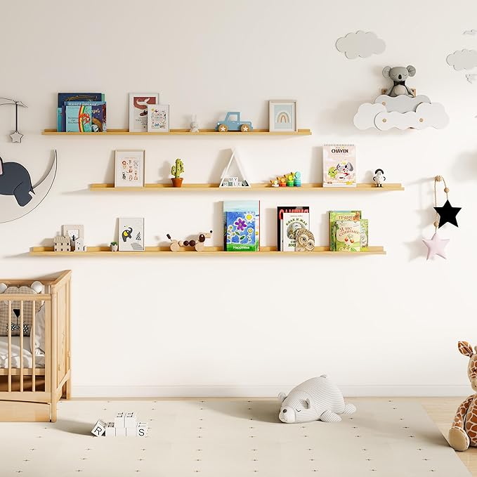 Fun Memories Picture Ledge Shelf, 60 Inch Floating Shelves Set of 2, Large Nursery Book Shelves for Toys Storage, Kids Bookshelf Wall Mounted for Wall Decor Books Photo Frames, Oak