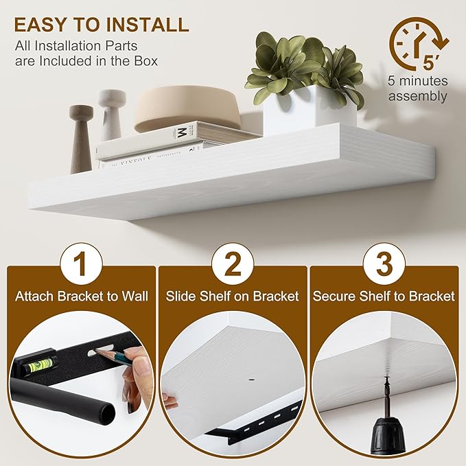 Fun Memories Floating Shelves for Wall, 55Inch Floating Shelves Set of 2, Hanging Shelf with Invisible Brackets, Wood Shelves for Living Room, Bedroom, Kitchen, White