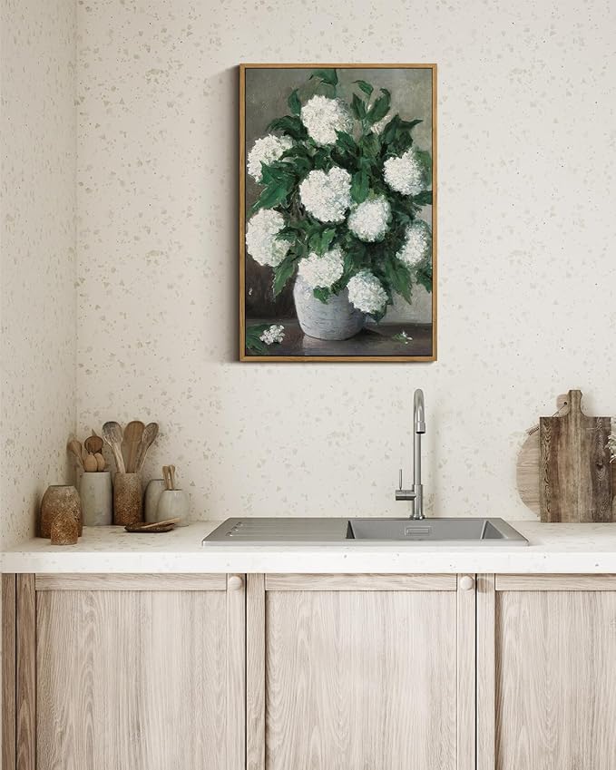 InSimSea Framed Canvas Prints Art Vintage Decor, Flower Wall Art Home Decor, White Hydrangea Paintings Large Prints, Botanical Floral Wall Decoration for Living Room Bathroom Office, 16"x24"