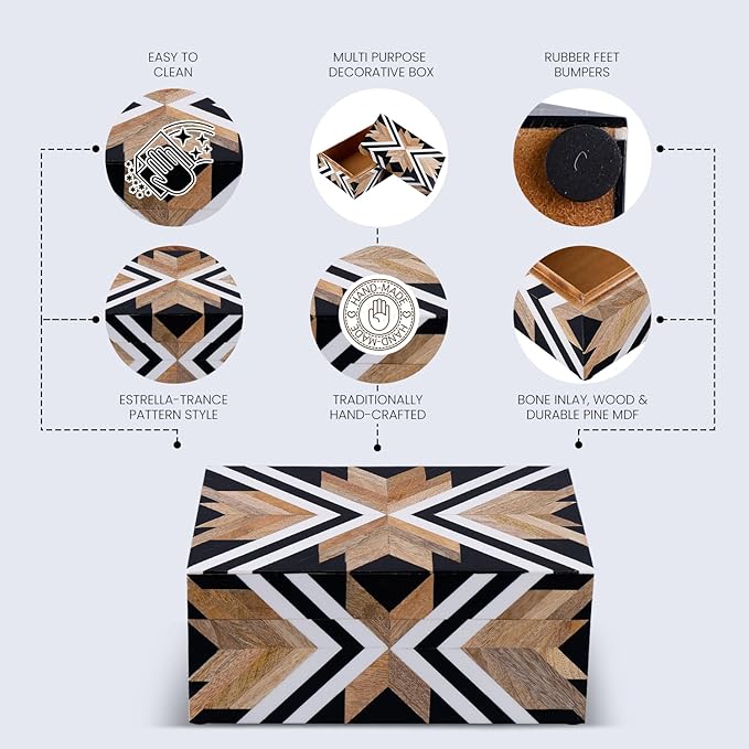 Handicrafts Home Large Decorative Storage Box with Lid – 12x8x5” Coffee Table Organizer, Keepsake- Decorative Boxes for Home Decor, Stylish Decorative Box for Office Decor- Herringbone- Black White
