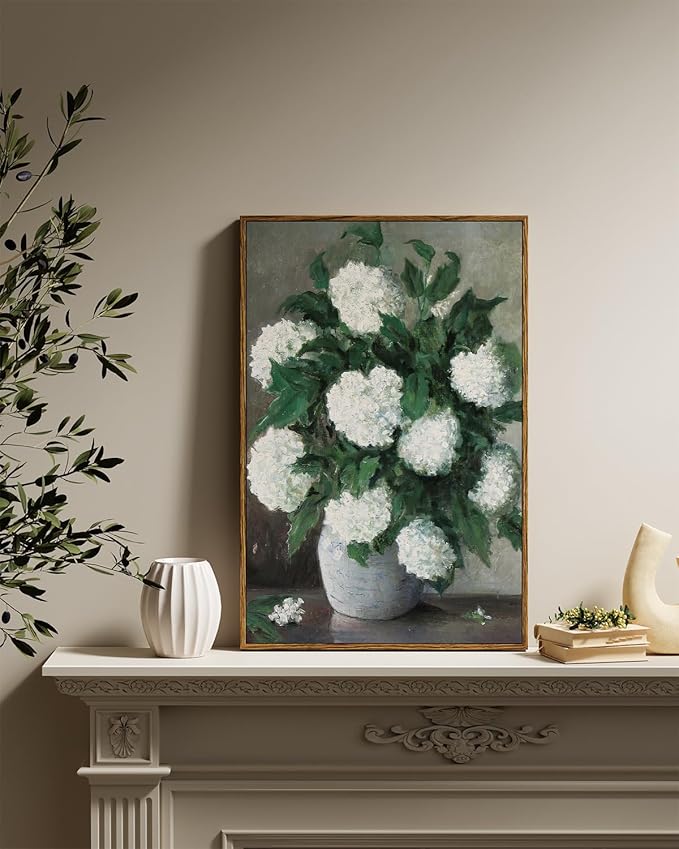 InSimSea Framed Canvas Prints Art Vintage Decor, Flower Wall Art Home Decor, White Hydrangea Paintings Large Prints, Botanical Floral Wall Decoration for Living Room Bathroom Office, 16"x24"