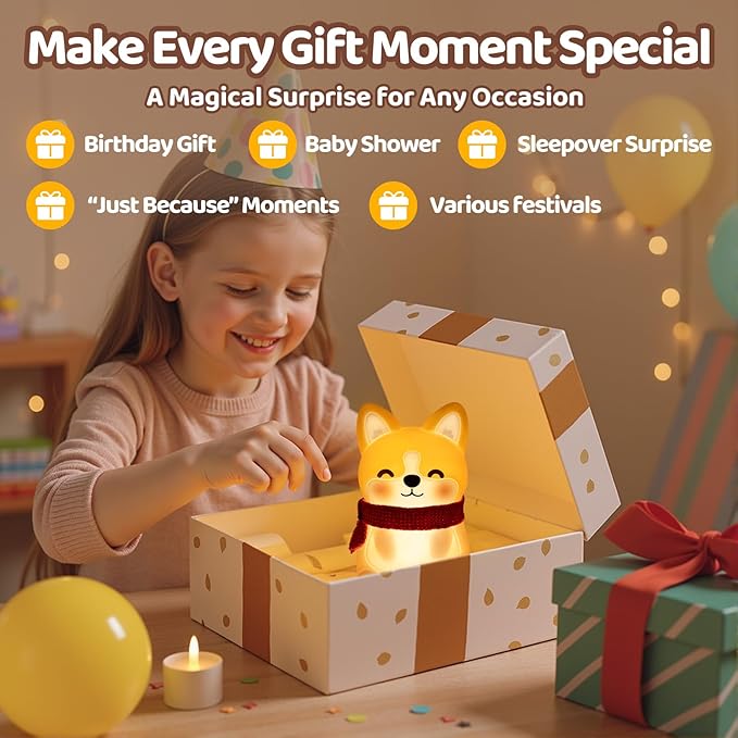 Mewaii BPA-Free Silicone丨 Huggwaii Corgi Dog Night Light for Kids, 3 Brightness Levels Nursery Dog Lamp, 30 Min Timer&Rechargeable Cute Puppy Kids Night Light for Bedroom Decor,Corgi Gifts for Boys