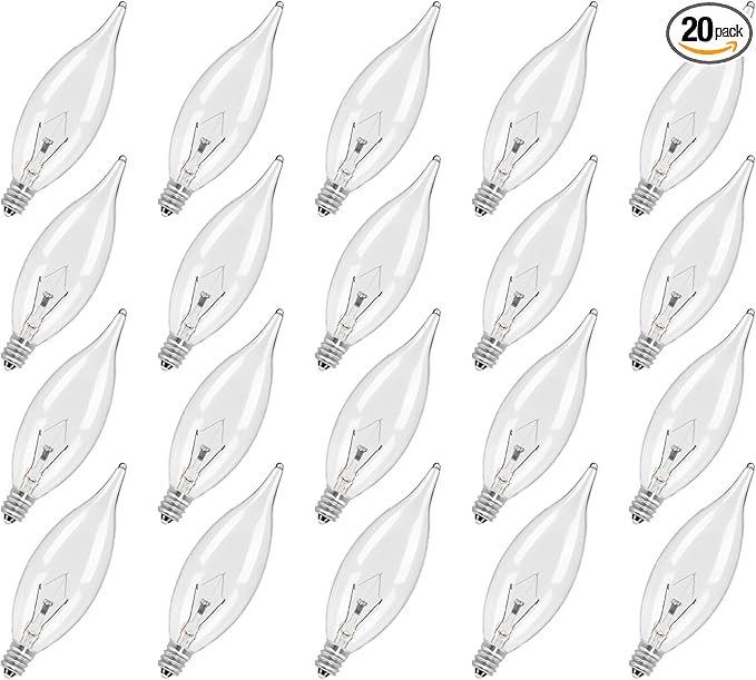 COLWATT 20-Pack Candelabra Light Bulbs 40W Warm White 2500K, 380 Lumen Candle Chandelier Bulb for Ceiling Fan, Pendants or Outdoor, CA10 Clear Type B E12 Base Dimmable