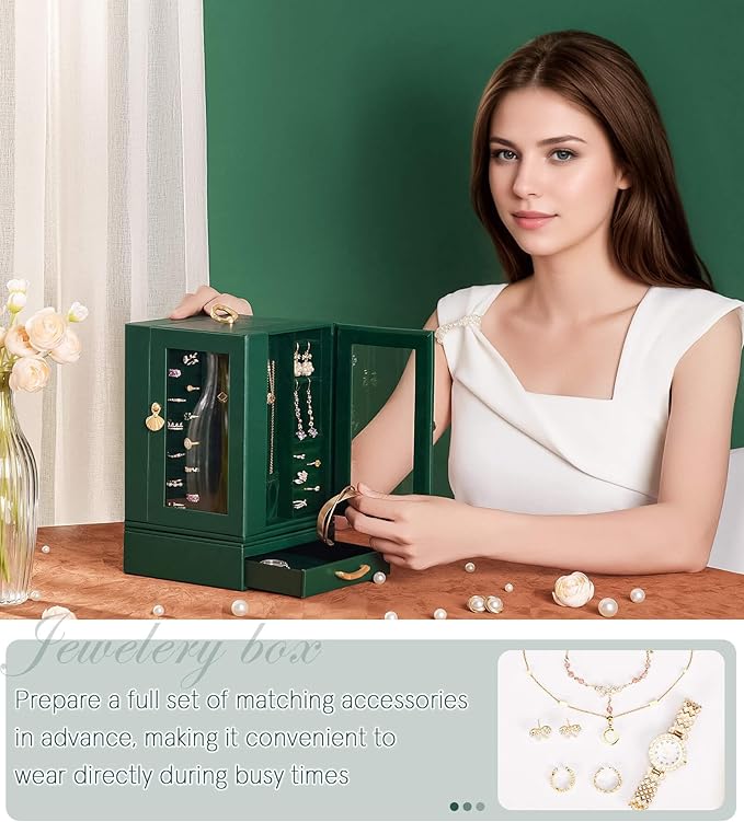 Enthralite Jewelry Box Large for Dresser: Women Necklace Ring Storage Organizer with Compartments - Elegant Earring Holder Display - 360° Rotating Jewelry Organizer with Glass Door