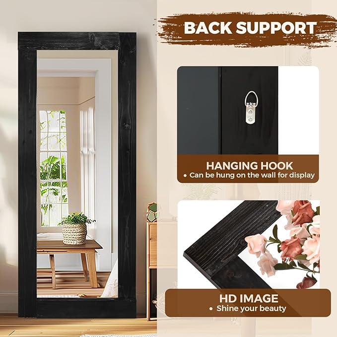 Full Length Mirror 58"x24" – Solid Wood Frame, HD Tempered Glass, Wall Mounted & Leaning, Rustic Modern Decor for Bedroom, Living Room, Entryway, Black