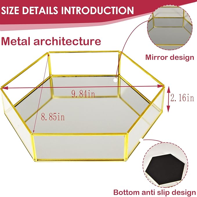 Hexagon Vintage Gold Mirror Glass Vanity Tray,Ornate Geometric and Brass Plated Display Storage Organizer for Makeup Brushes/Lipstick/Skincare/Perfumes/Beauty Room/Bathroom Accessories
