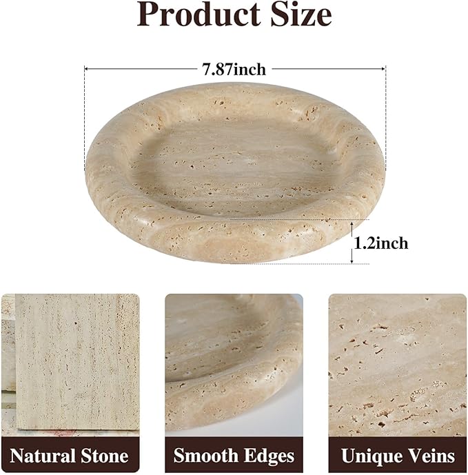 Natural Beige Travertine Vanity Tray - 8 Inch Round Stone Makeup & Jewelry Organizer Dish, Decorative Marble Tray for Bathroom Countertop, Coffee Table, Bedroom
