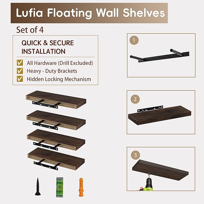 Lufia Floating Wall Shelves, Set of 4, MDF with Invisible Brackets, Modern Storage for Bedroom, Bathroom, Living Room, Kitchen (Rustic Brown, 15.8" W x 5.5" D x 1.2" H)