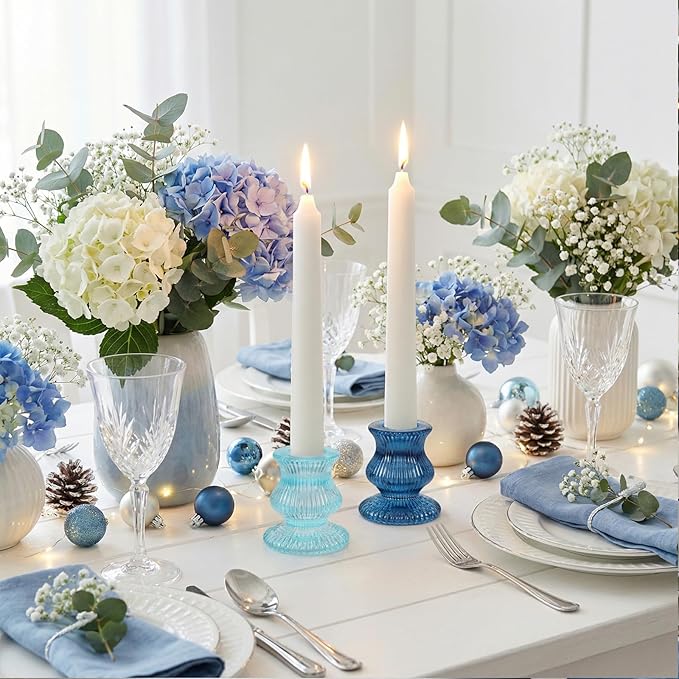 Blue Candlestick Holders 12 Pcs, Ribbed Taper Candle Holders for Table Centerpieces, Vintage Glass Candle Holders Bulk for Wedding, Birthday, Baby Shower Decoration