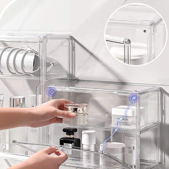 Single-Shelf Transparent Acrylic Display Case with Magnetic Door - Compact Stackable Makeup Organizer (10.6"x8.7"x5.1") - Dustproof Box for Cosmetics, Jewelry, Skincare & Collectibles