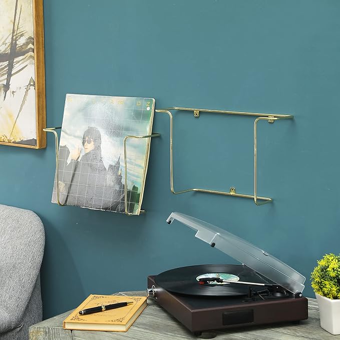 MyGift Modern Metal Wire Wall Mounted Vinyl Records Storage Racks, Hanging LP Record Holders, Floating Album Cover Display Shelves, Set of 2 (Brass-2 Pcs)
