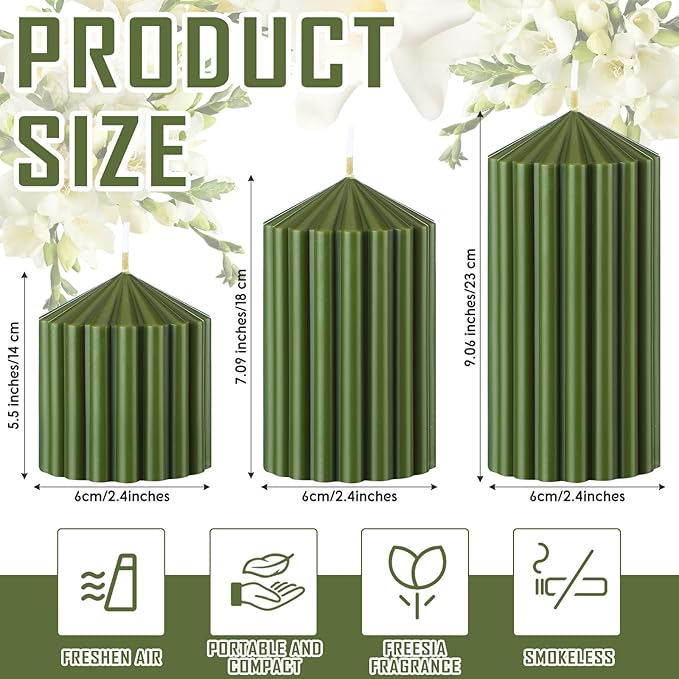 Conelist Set of 3 Moss Green Ribbed Pillar Candles Soy Wax Scented Ribbed Candles Includes 2.8, 4.2 and 5.1 Inches Heights Decorative Romantic Wedding Decoration for Couple Home Birthday Gift