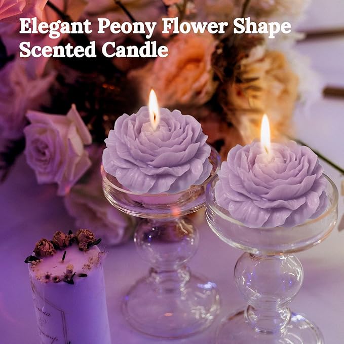 Purple Peony Flower Shape Candles for Women Friends Colleague Classmates Gift, 3 inch Pastel Aesthetic Scented Candle with Lavender Fragrance